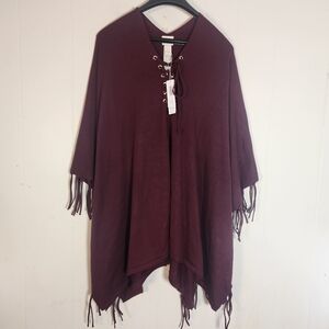 Chicos Monrovia Lace-up Fringe Poncho Shrug One Size Maroon Burgundy